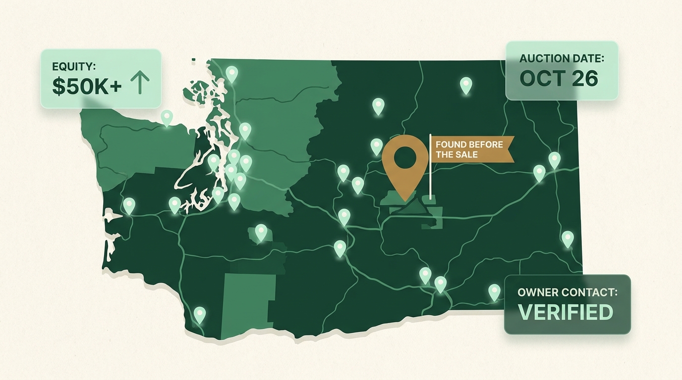OffRamp REI deal map — verified equity, auction date, and skip-traced owner contact on every pin