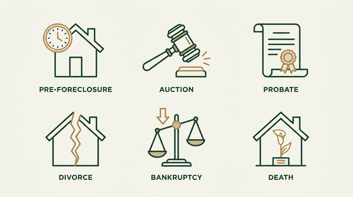 Pre-Foreclosure, Auction, Probate, Divorce, Bankruptcy, and Death